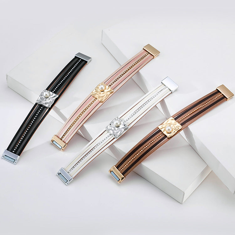 Wholesale Bohemian Multi-layered Leather Buckle with Pearl Bracelet